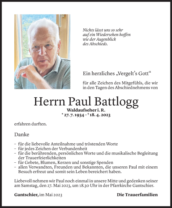 Todesanzeige von Paul Battlogg von Vorarlberger Nachrichten