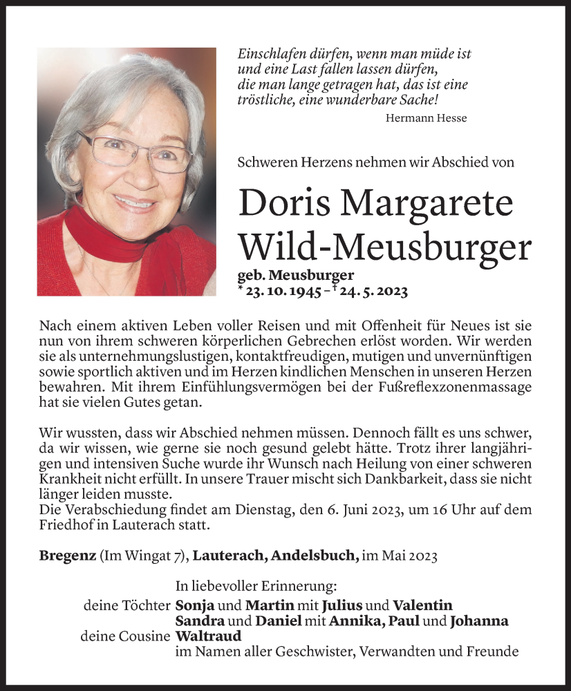  Todesanzeige für Doris Margarete Wild-Meusburger vom 26.05.2023 aus vorarlberger nachrichten