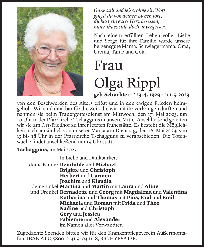  Todesanzeige für Olga Rippl vom 13.05.2023 aus Vorarlberger Nachrichten