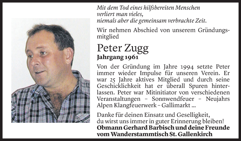  Todesanzeige für Peter Zugg vom 13.05.2023 aus Vorarlberger Nachrichten