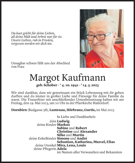 Todesanzeige von Margot Kaufmann von Vorarlberger Nachrichten