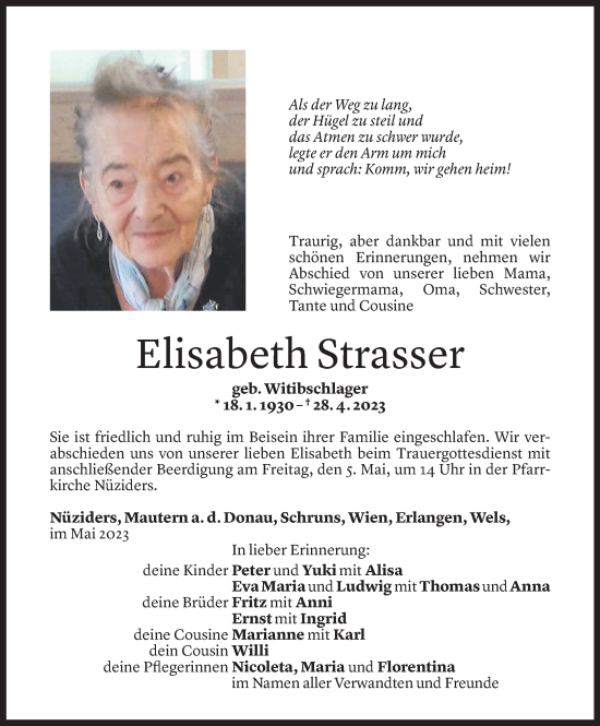 Todesanzeige von Elisabeth Strasser von Vorarlberger Nachrichten