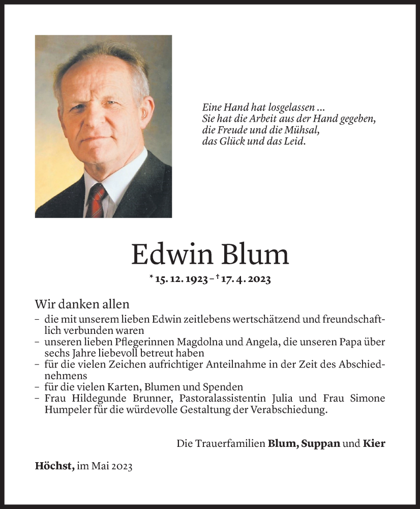  Todesanzeige für Edwin Blum vom 25.05.2023 aus Vorarlberger Nachrichten