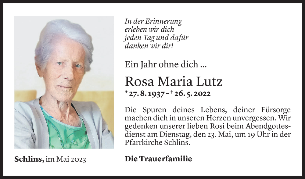  Todesanzeige für Rosa Maria Lutz vom 20.05.2023 aus Vorarlberger Nachrichten