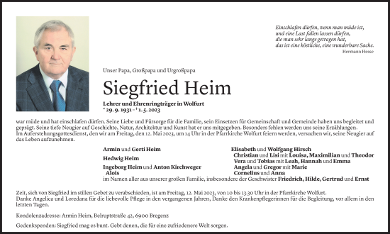 Todesanzeige von Siegfried Heim von Vorarlberger Nachrichten