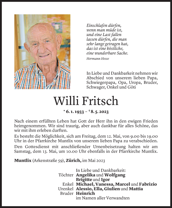 Todesanzeige von Willi Fritsch von Vorarlberger Nachrichten
