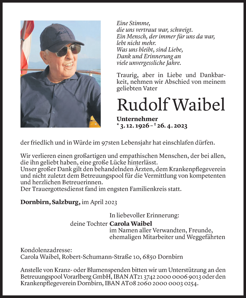  Todesanzeige für Rudolf Waibel vom 06.05.2023 aus Vorarlberger Nachrichten