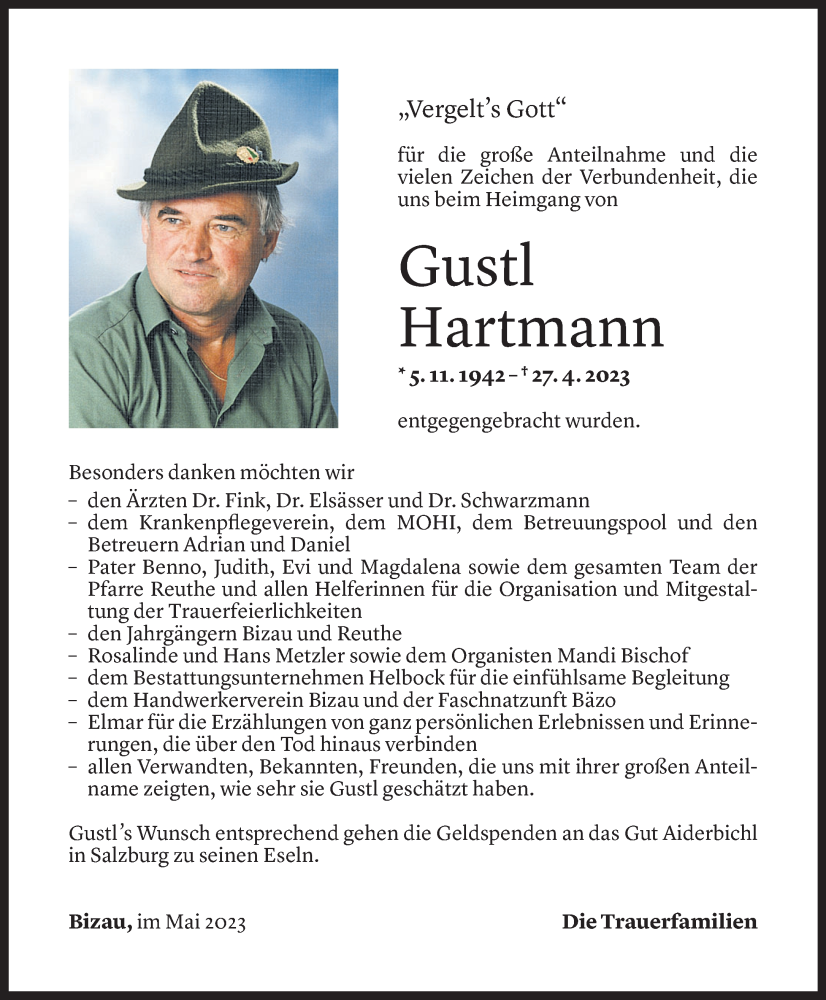  Todesanzeige für Gustl Hartmann vom 24.05.2023 aus Vorarlberger Nachrichten