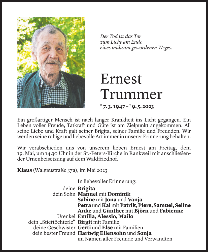  Todesanzeige für Ernest Trummer vom 12.05.2023 aus Vorarlberger Nachrichten