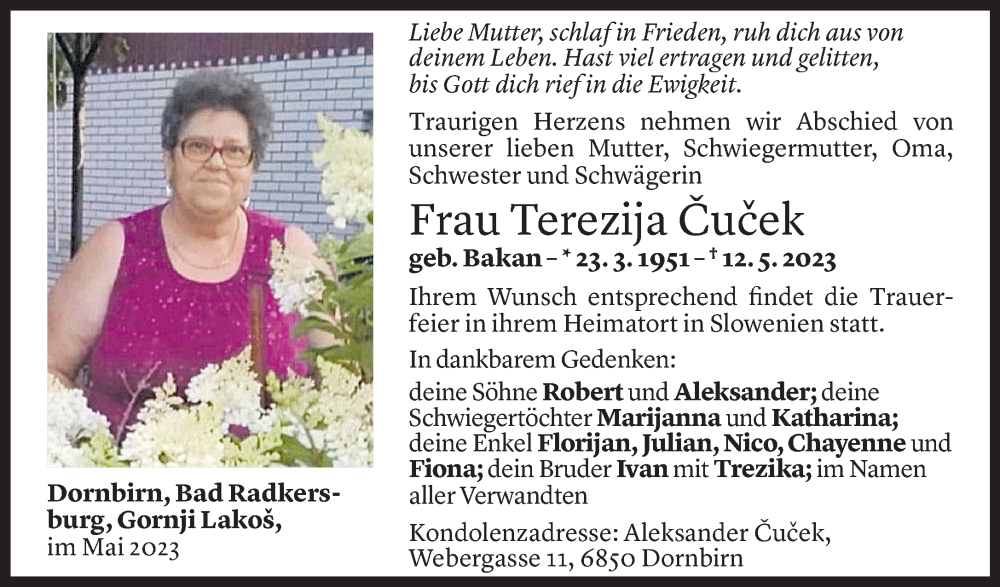  Todesanzeige für Terezija Cucek vom 20.05.2023 aus Vorarlberger Nachrichten
