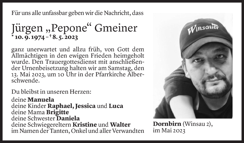  Todesanzeige für Jürgen Gmeiner vom 10.05.2023 aus Vorarlberger Nachrichten