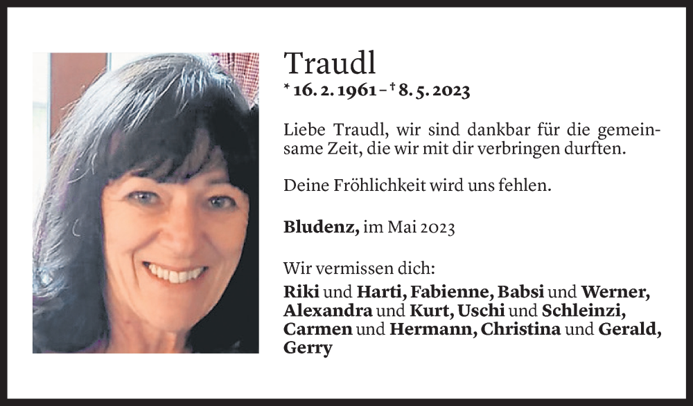  Todesanzeige für Traudl Boso vom 24.05.2023 aus Vorarlberger Nachrichten