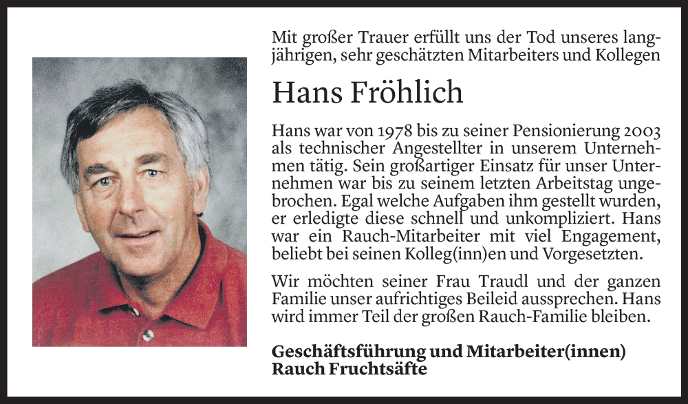  Todesanzeige für Hans Fröhlich vom 26.05.2023 aus Vorarlberger Nachrichten