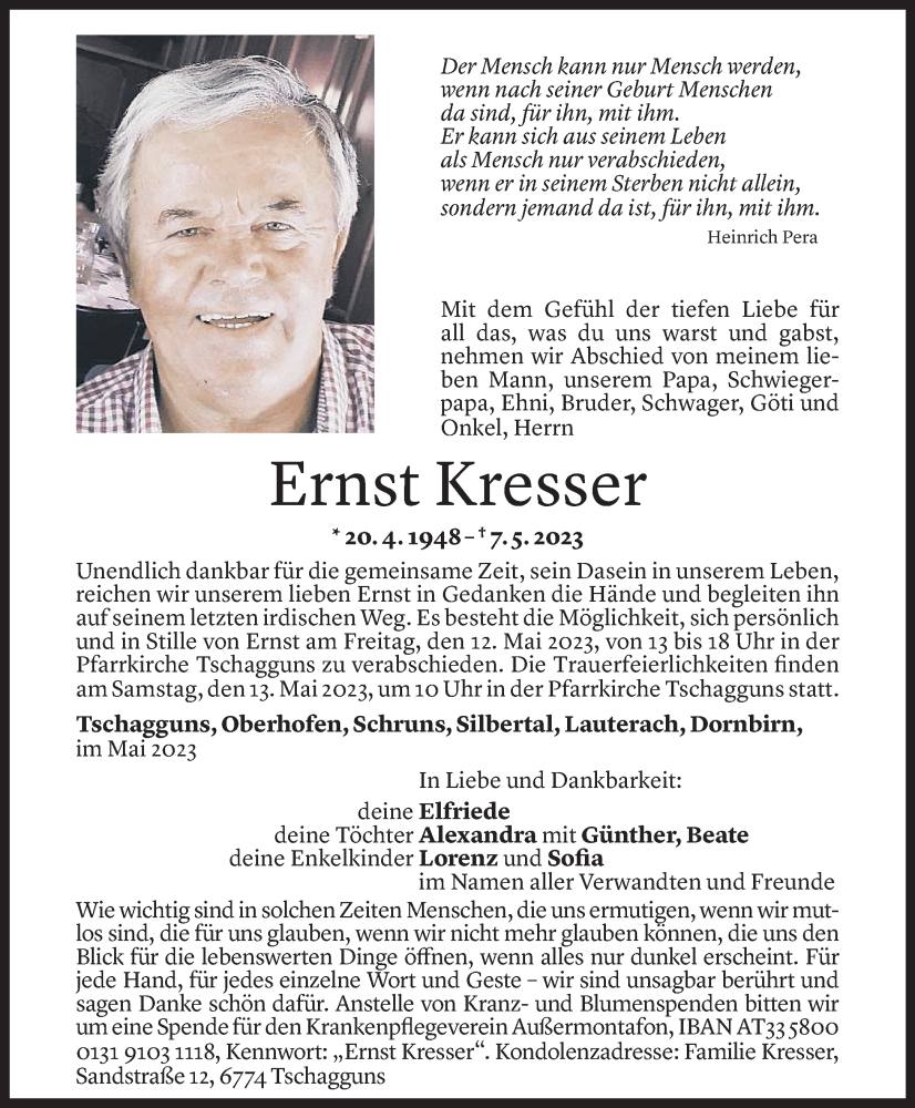 Todesanzeige für Ernst Kresser vom 10.05.2023 aus Vorarlberger Nachrichten