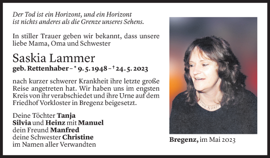 Todesanzeige von Saskia Lammer von Vorarlberger Nachrichten