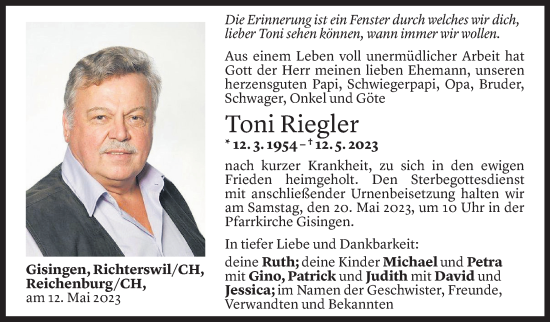 Todesanzeige von Toni Riegler von Vorarlberger Nachrichten