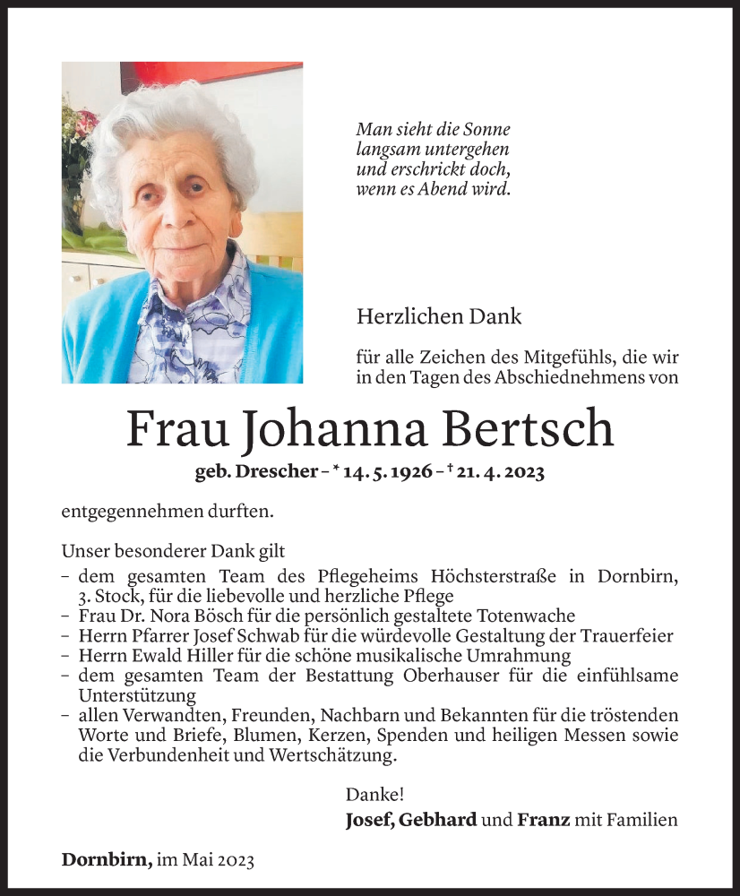  Todesanzeige für Johanna Bertsch vom 26.05.2023 aus vorarlberger nachrichten