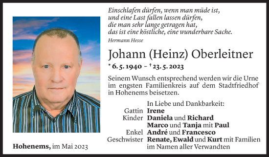 Todesanzeige von Johann Oberleitner von Vorarlberger Nachrichten