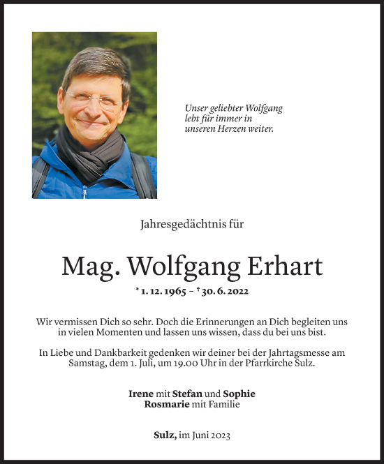 Todesanzeige von Wolfgang Erhart von Vorarlberger Nachrichten