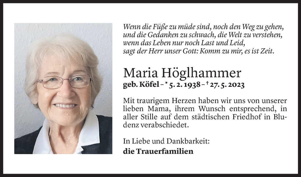  Todesanzeige für Maria Höglhammer vom 07.06.2023 aus Vorarlberger Nachrichten