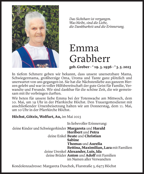 Todesanzeige von Emma Grabherr von Vorarlberger Nachrichten