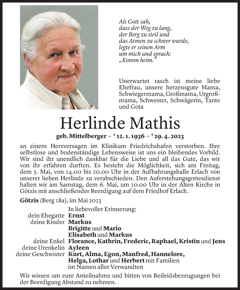  Todesanzeige für Herlinde Mathis vom 03.05.2023 aus Vorarlberger Nachrichten