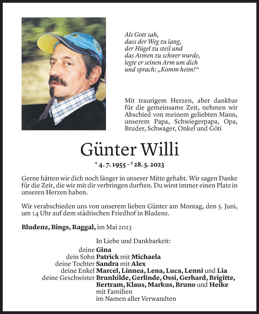  Todesanzeige für Günter WILLI vom 01.06.2023 aus Vorarlberger Nachrichten