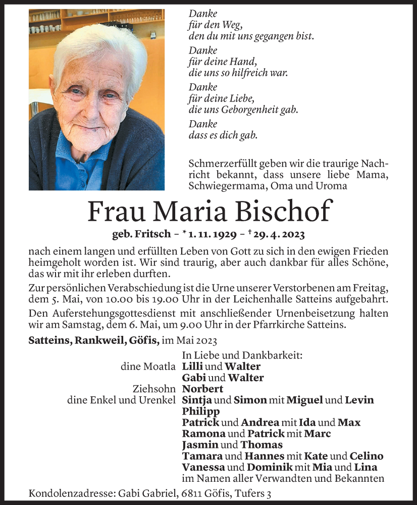  Todesanzeige für Maria Bischof vom 03.05.2023 aus Vorarlberger Nachrichten