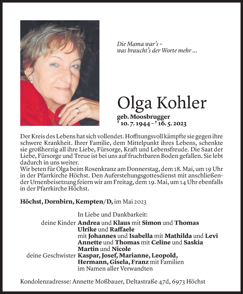  Todesanzeige für Olga Kohler vom 17.05.2023 aus Vorarlberger Nachrichten
