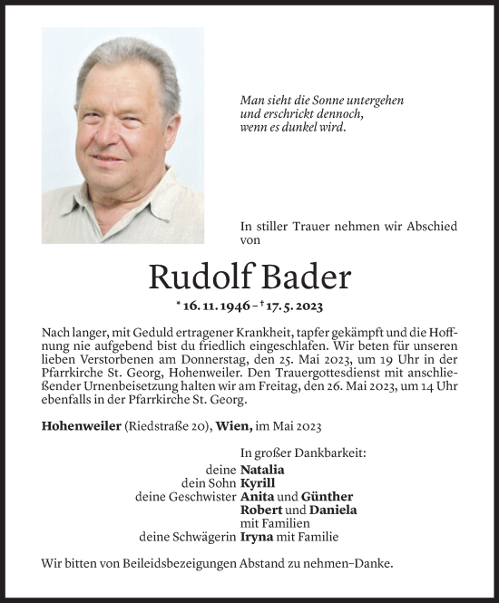 Todesanzeige von Rudolf Bader von Vorarlberger Nachrichten