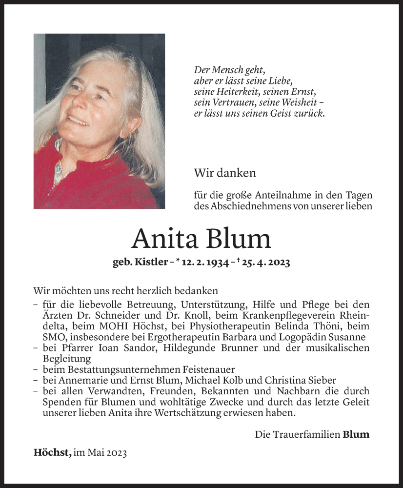  Todesanzeige für Anita Blum vom 26.05.2023 aus Vorarlberger Nachrichten