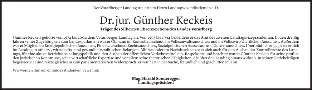  Todesanzeige für Günther Keckeis vom 04.05.2023 aus Vorarlberger Nachrichten