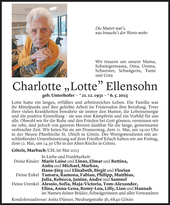 Todesanzeige von Charlotte Ellensohn von Vorarlberger Nachrichten