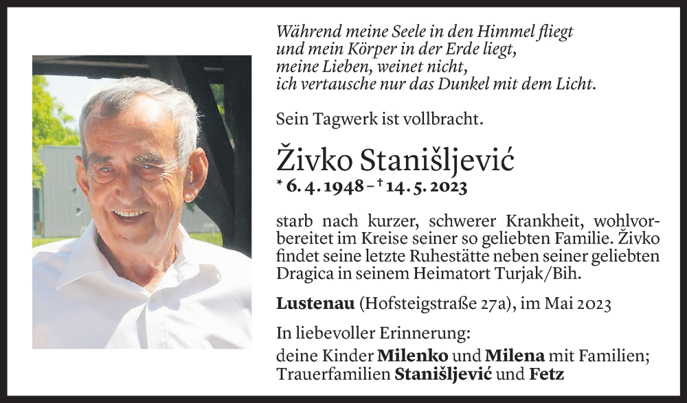  Todesanzeige für Živko Stanišljevic vom 20.05.2023 aus Vorarlberger Nachrichten