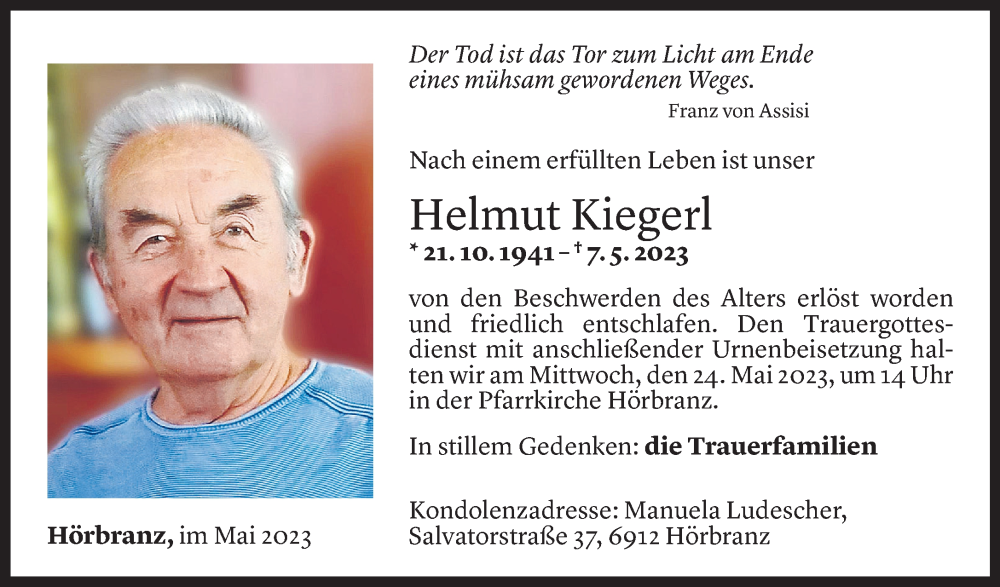  Todesanzeige für Helmut Kiegerl vom 19.05.2023 aus Vorarlberger Nachrichten