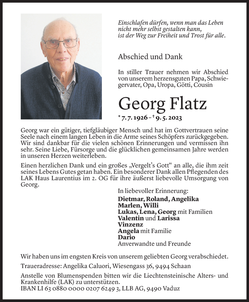  Todesanzeige für Georg Flatz vom 16.05.2023 aus Vorarlberger Nachrichten