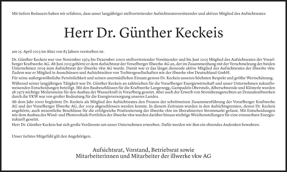  Todesanzeige für Günther Keckeis vom 05.05.2023 aus Vorarlberger Nachrichten