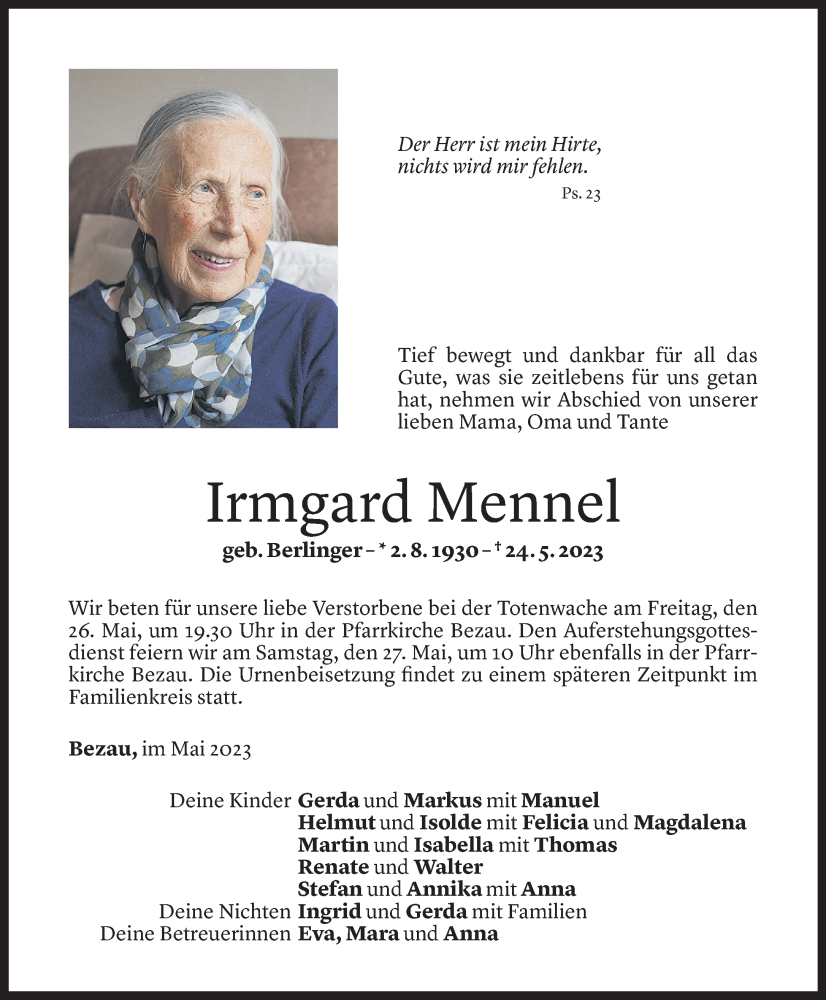  Todesanzeige für Irmgard Mennel vom 25.05.2023 aus Vorarlberger Nachrichten