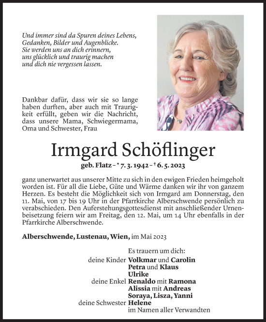 Todesanzeige von Irmgard Schöflinger von Vorarlberger Nachrichten