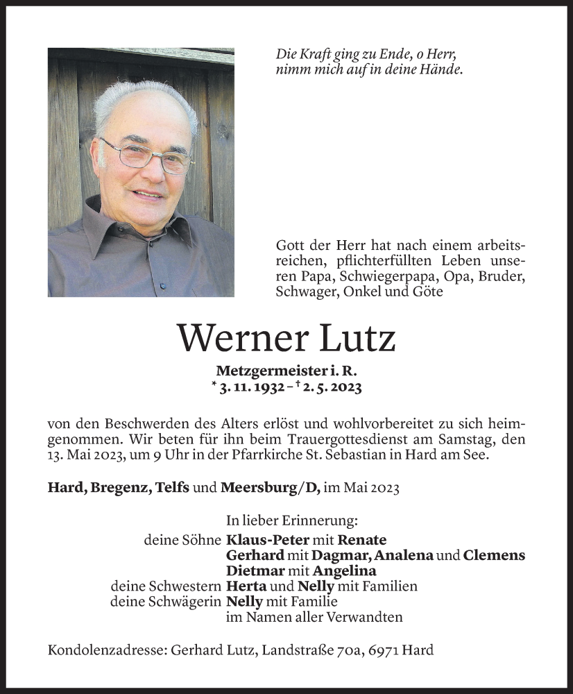  Todesanzeige für Werner Lutz vom 05.05.2023 aus Vorarlberger Nachrichten