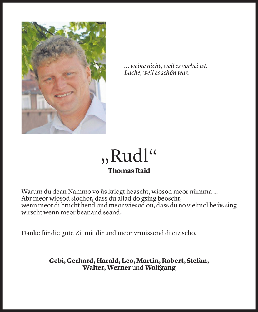  Todesanzeige für Thomas Raid vom 10.05.2023 aus Vorarlberger Nachrichten