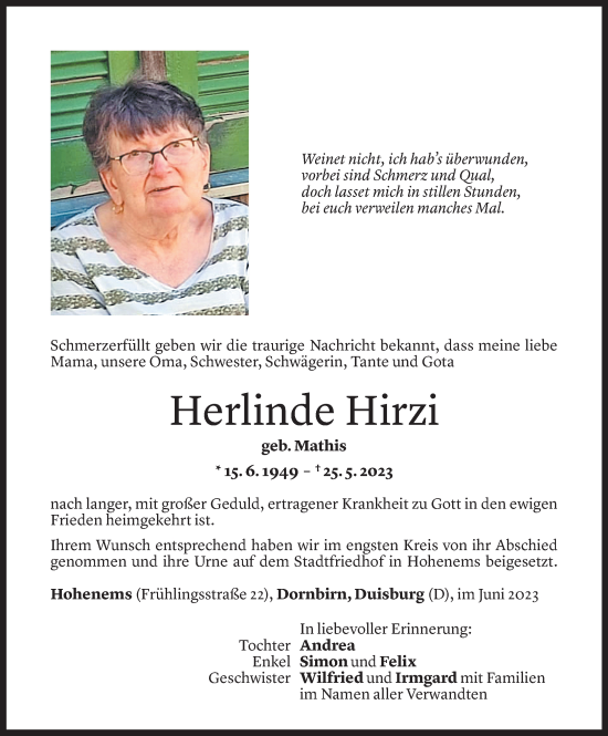 Todesanzeige von Herlinde Hirzi von Vorarlberger Nachrichten