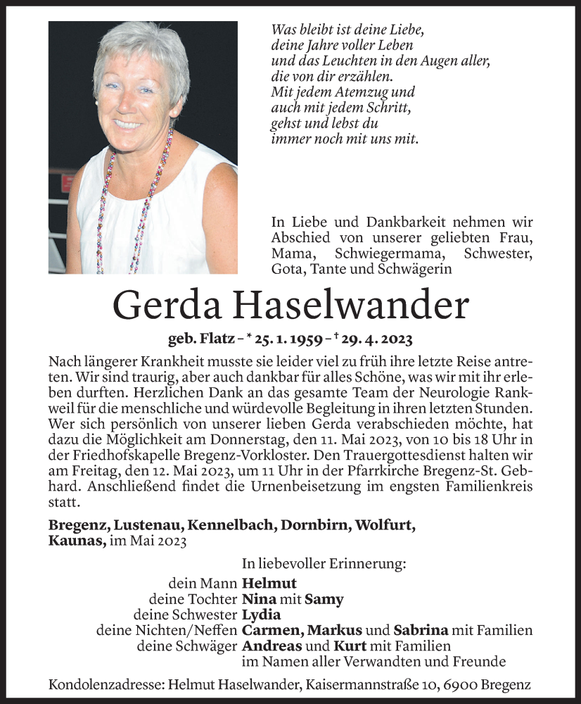  Todesanzeige für Gerda Haselwander vom 07.05.2023 aus Vorarlberger Nachrichten