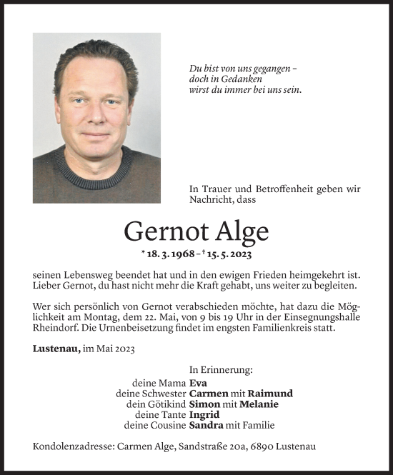 Todesanzeige von Gernot Alge von Vorarlberger Nachrichten