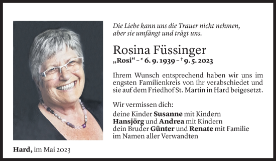 Todesanzeige von Rosina Füssinger von Vorarlberger Nachrichten