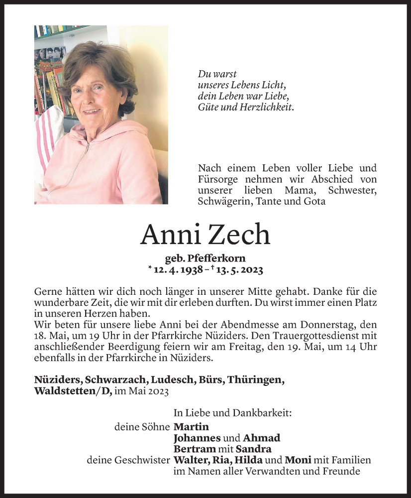  Todesanzeige für Anni Zech vom 17.05.2023 aus Vorarlberger Nachrichten