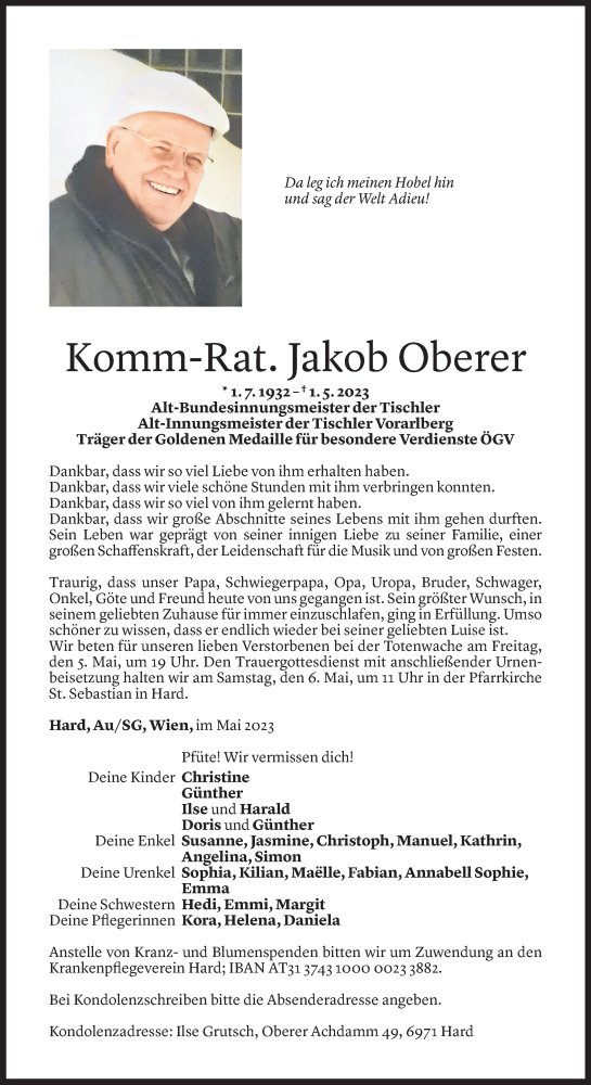 Todesanzeige von Jakob Oberer von Vorarlberger Nachrichten