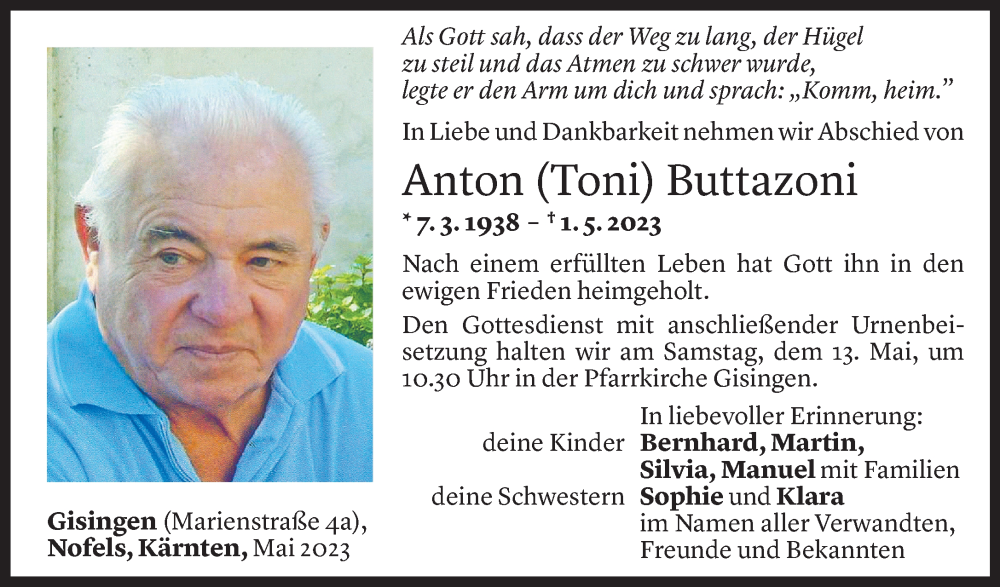  Todesanzeige für Anton Buttazoni vom 06.05.2023 aus Vorarlberger Nachrichten