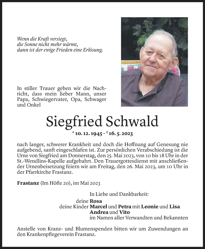  Todesanzeige für Siegfried Schwald vom 23.05.2023 aus Vorarlberger Nachrichten