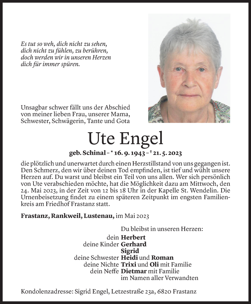  Todesanzeige für Ute Engel vom 23.05.2023 aus Vorarlberger Nachrichten